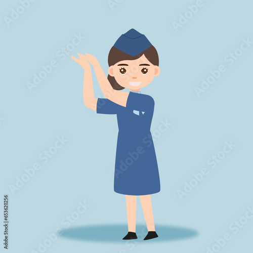 Stewardess. Woman hostess professional blue uniform of boarding airplane girl vector cartoon characters. Stewardess and hostess attendant illustration cartoon character