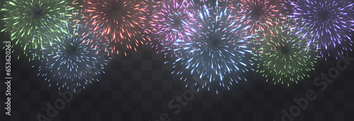 Vector festive fireworks isolated on png. New Year's Eve fireworks with brightly shining sparks. Realistic sparks and explosions. Colorful pyrotechnics show. Vector isolated on png background.