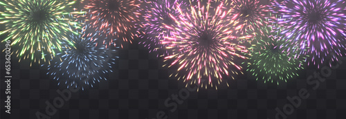 Vector festive fireworks isolated on png. New Year's Eve fireworks with brightly shining sparks. Realistic sparks and explosions. Colorful pyrotechnics show. Vector isolated on png background.