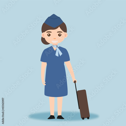 Stewardess. Woman hostess professional blue uniform of boarding airplane girl vector cartoon characters. Stewardess and hostess attendant illustration cartoon character