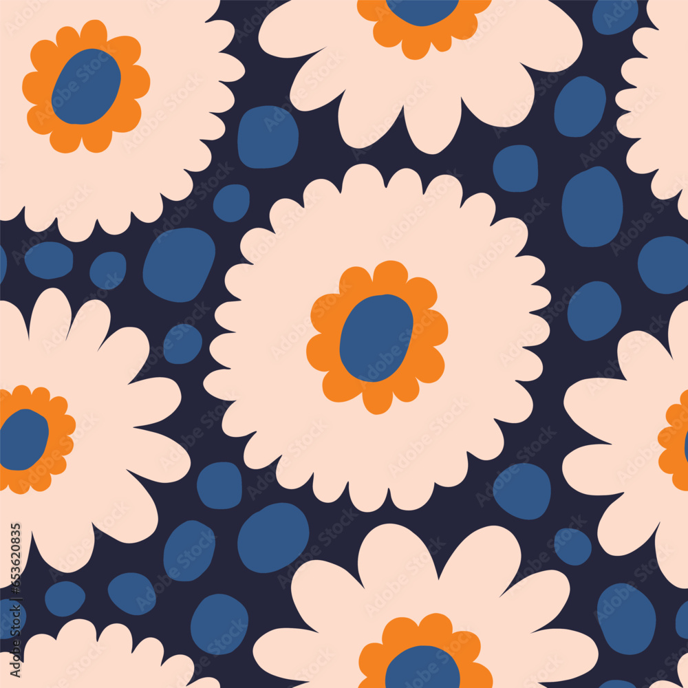 Beautiful vector floral pattern. Seamless texture with bold hand drawn flowers and dots. Retro nostalgic floral background