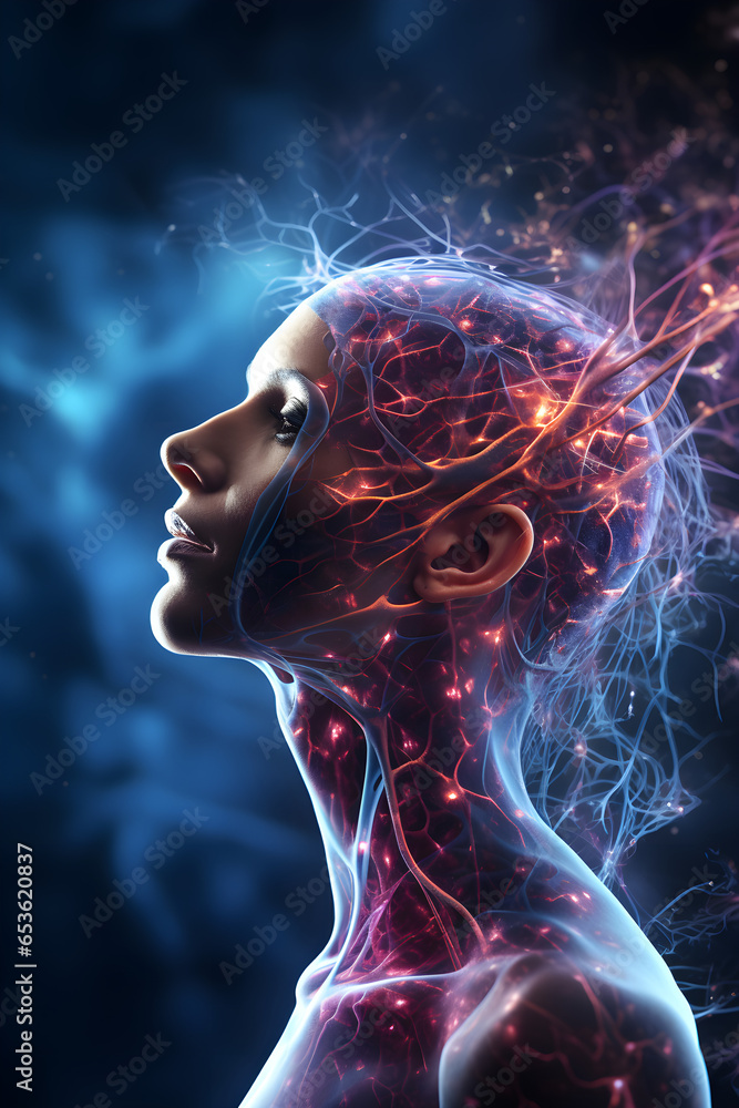 Unreal human head with neurons in brain Unreal human head with neurons in brain