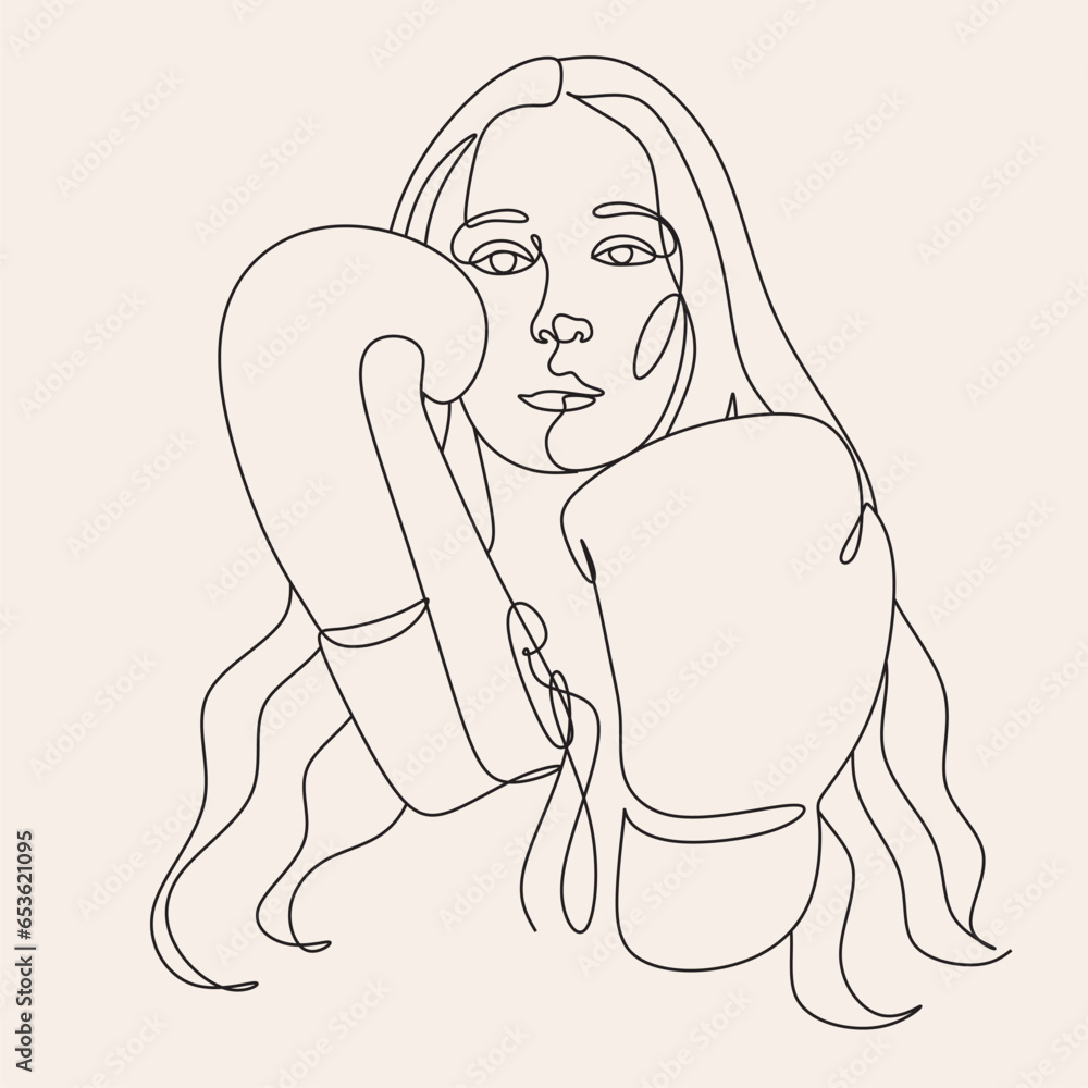 Line art abstract beautiful woman in boxing gloves. Kickboxing woman in gym
