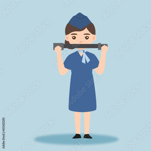 Stewardess. Woman hostess professional blue uniform of boarding airplane girl vector cartoon characters. Stewardess and hostess attendant illustration cartoon character