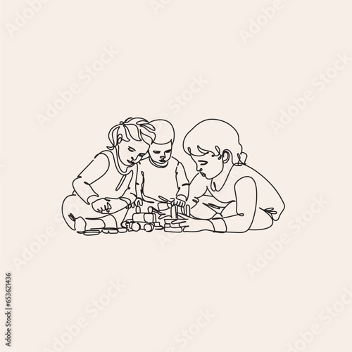 One line drawing. Little children are playing on the floor. Continuous one line drawing of man portrait. Hairstyle. Fashionable children style.	