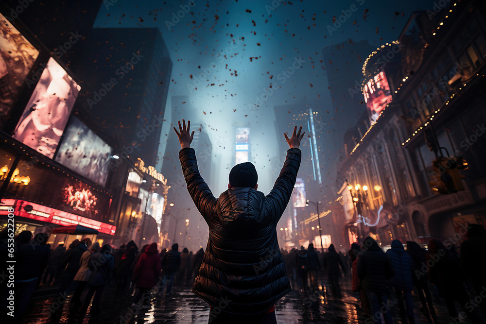 Crowd of people celebrating New Year eve in Times Square, Manhattan, New York - Generative AI - obrazy, fototapety, plakaty 