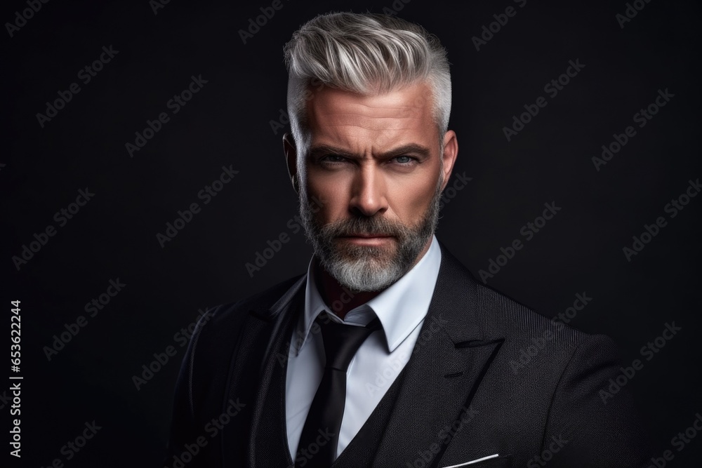 Studio portrait of a middle-aged man with gray hair in a strict black business suit with a tie on a dark background. Studio portrait of a middle-aged man with gray hair in a strict black business suit with a tie on a dark background.