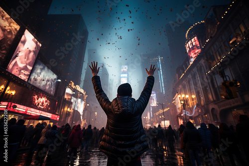 Crowd of people celebrating New Year eve in Times Square, Manhattan, New York - Generative AI photo
