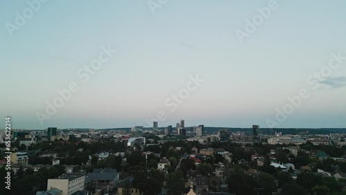Panorama of the city, Zirmunai district. Aerial view of sunset. Vilnius, Lithuania.