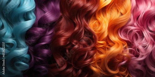 Hair texture background, set of bright hair colors. Samples of dyes for colored hair. Generative AI