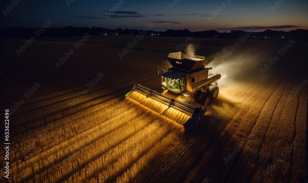 Combine harvester harvesting golden ripe wheat in field at night, aerial view. Agriculture farm