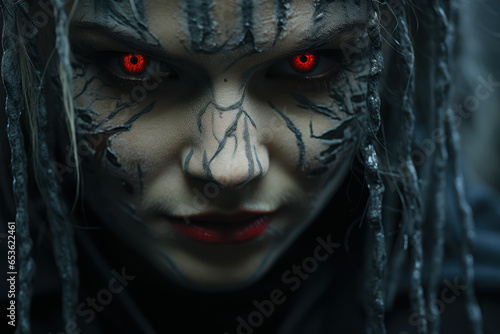 A vampire with sharp fangs and blood-red eyes, lurking in the darkness. Generative Ai.