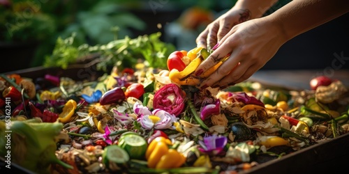 woman composts food waste in her backyard. Ecological concern for nature. Generative AI