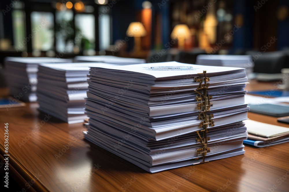 A stack of paperwork on a desk, illustrating the administrative aspect of business. Generative Ai. A stack of paperwork on a desk, illustrating the administrative aspect of business. Generative Ai.