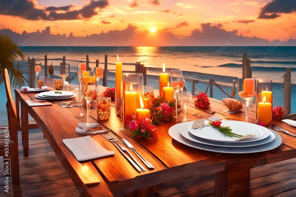  Amazing dinner on the beach on beautiful colourful wooden deck with candles under sunset sky.  luxury destination dinning, exotic table setup with sea view 