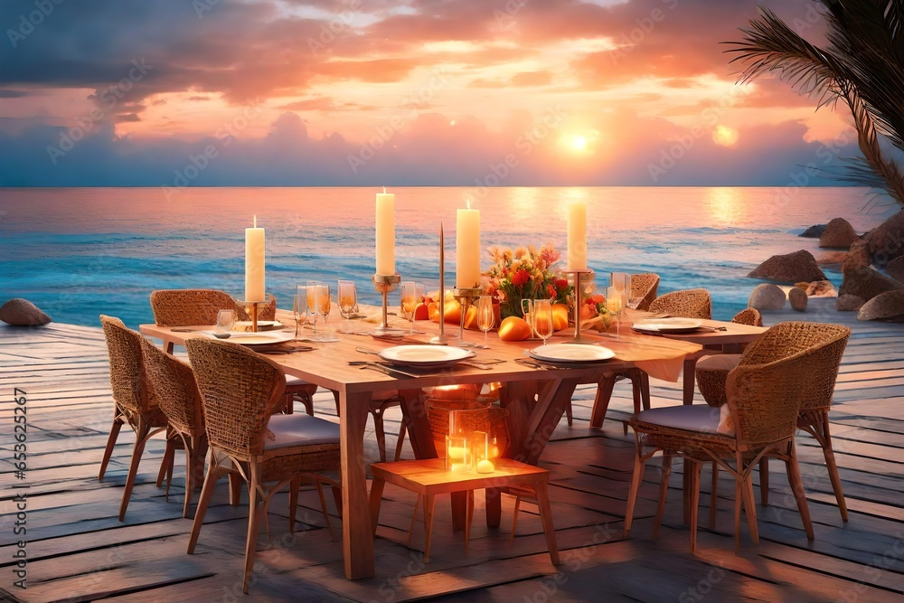  Amazing dinner on the beach on beautiful colourful wooden deck with candles under sunset sky.  luxury destination dinning, exotic table setup with sea view 
