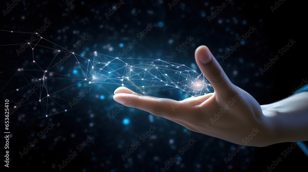 Abstract background of hands touching digital transformation virtual screen. Technology connection Dots and lines for futuristic cyber technology and network connection Abstract background of hands touching digital transformation virtual screen. Technology connection Dots and lines for futuristic cyber technology and network connection