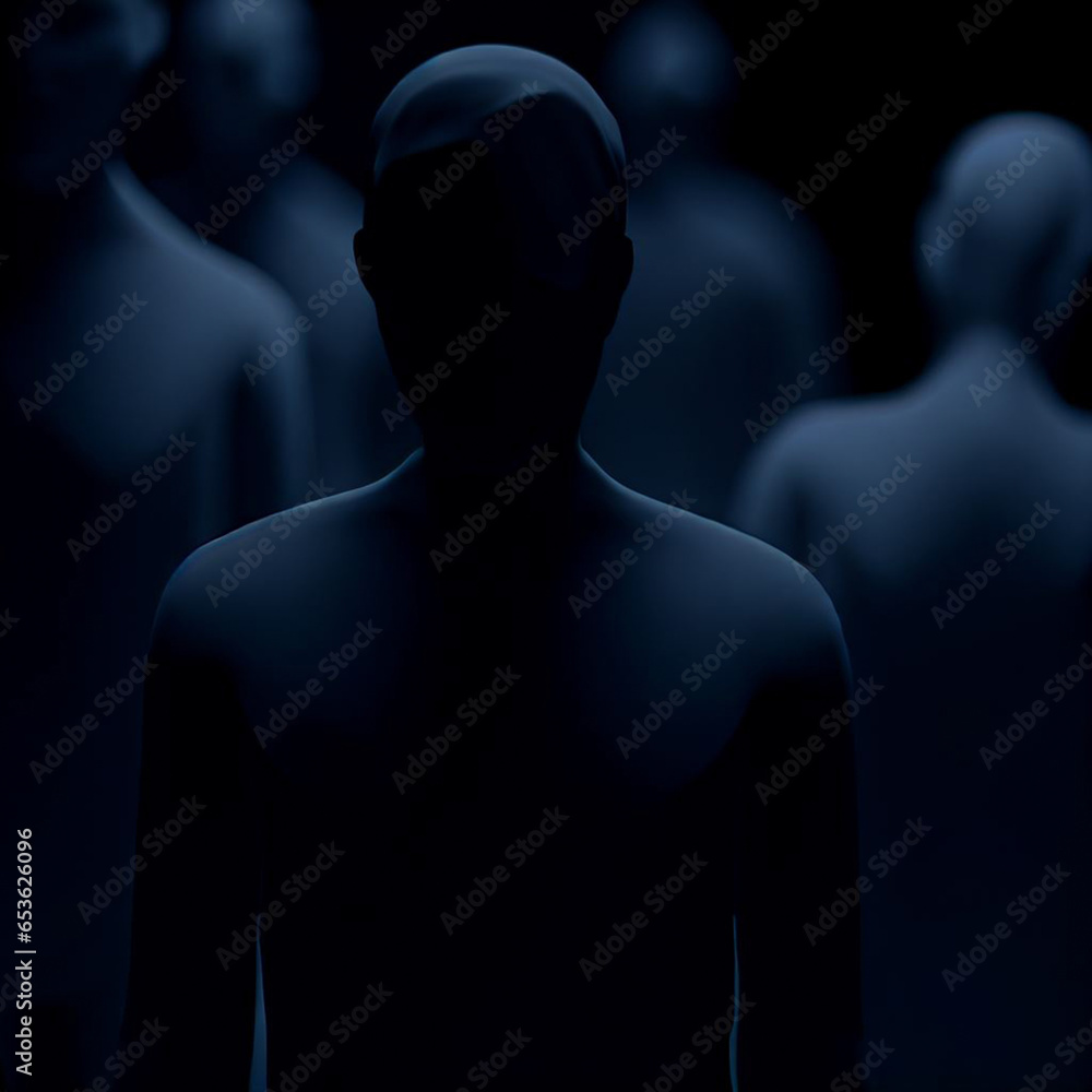 A faceless people standing. A faceless silhouette people standing dark blue ambient.