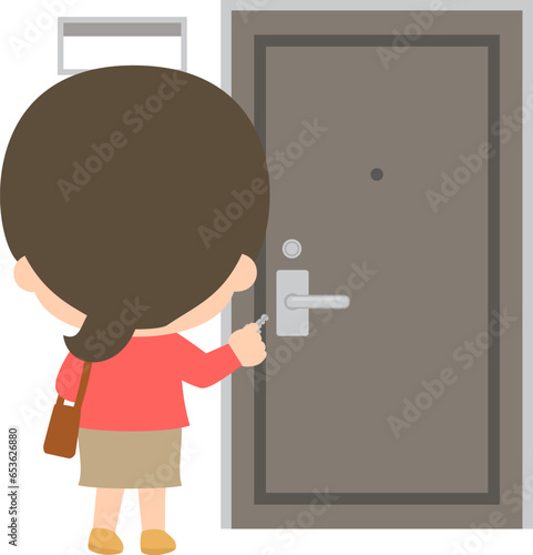 家の玄関前で鍵を持った女性、戸締り