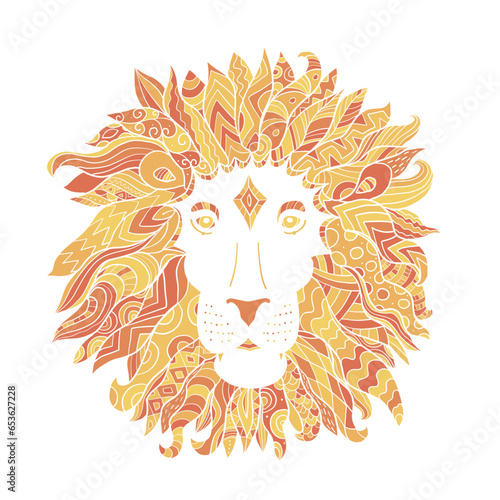 Hand drawn outline lion head decorated with abstract doodle zentangle ornamen...