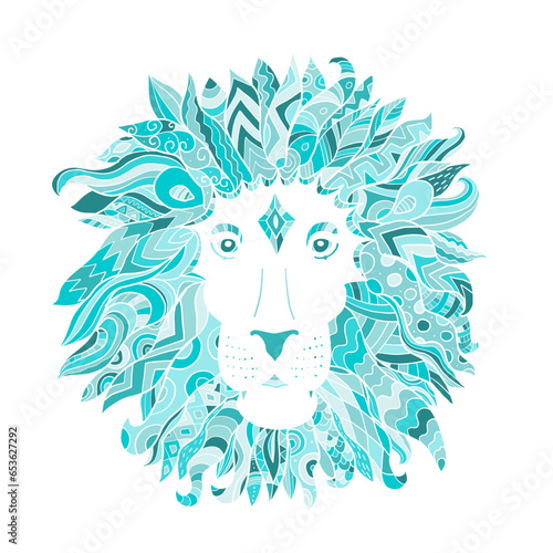 Hand drawn outline lion head decorated with abstract doodle zentangle ornamen...