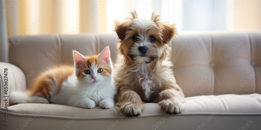 Small puppy and kitten on a gray sofa, close-up. Generative AI - obrazy, fototapety, plakaty 