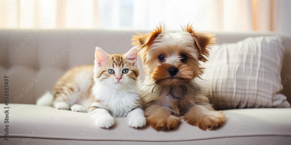 Small puppy and kitten on a gray sofa, close-up. Generative AI Small puppy and kitten on a gray sofa, close-up. Generative AI