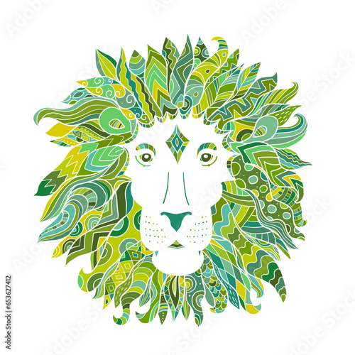 Hand drawn outline lion head decorated with abstract doodle zentangle ornamen...