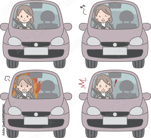 車を運転する若い女性の色々な表情