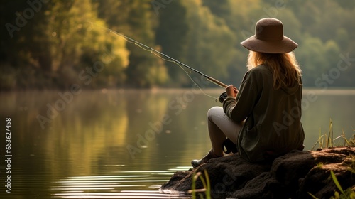 Woman Enjoying the View While Fishing in a Peaceful Atmosphere Beside the Lake
