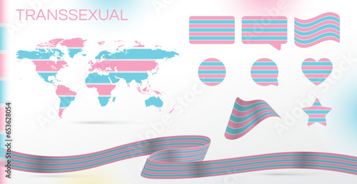Transexual flag. LGBT Pride Month in June. World Map. Lesbian Gay Bisexual Transgender. Celebrated annual. Rainbow love concept. Human rights tolerance. Brush strokes painted blot. Sexual identity