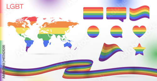 LGBT flags set. Various designs. World Map. Pride Month in June. Lesbian Gay Bisexual Transgender. Celebrated annual. Sexual identity. LGBT symbols. Waving flag and Ribbon