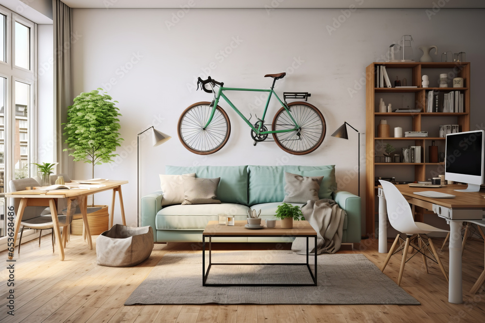 Scandinavian urban living design: Functional furniture, fold-out wooden table, wall storage. Green plants, teal cushions. Wall-mounted bike rack with vintage bicycle; Copenhagen flat style - obrazy, fototapety, plakaty 