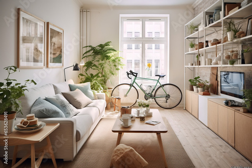 Scandinavian urban living design: Functional furniture, fold-out wooden table, wall storage. Green plants, teal cushions. Wall-mounted bike rack with vintage bicycle; Copenhagen flat style