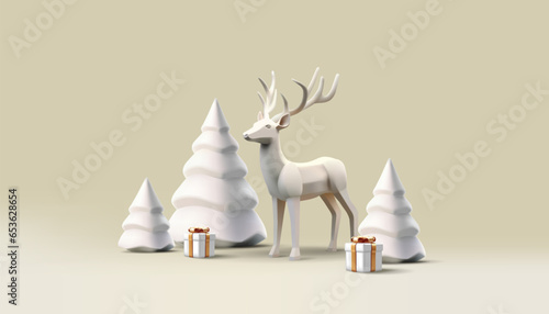 Christmas winter festive 3d composition. Reindeer with Christmas tree and gift box, white render statuettes, realistic trendy postcard illustration