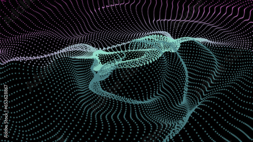 Energy net flows. Dot particle lines penetrating fog. Neon lights plexus of knots. Curved node row space infinity. Linking funnel universe parameters. Background information technology presentation.