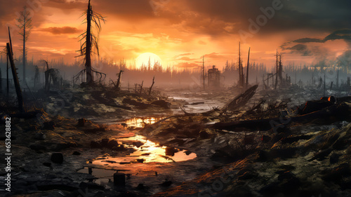 Post-Apocalyptic Earth Scene. Generative AI. A digital rendering of a post-apocalyptic scene of the planet earth. 