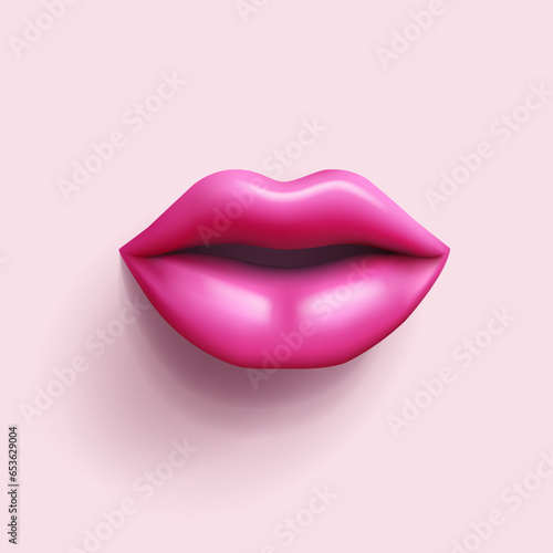 3d realistic beautiful women's lips with pink lipstick isolated on pastel pink background. render vector illustration.