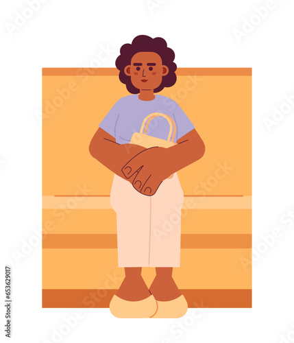 African american woman transport passenger sitting 2D cartoon character. Black female train commuter on seat isolated vector person white background. Subway commuting color flat spot illustration