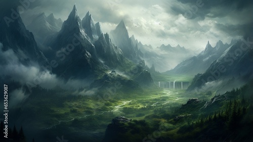 a mountain landscape during a rainstorm, where misty clouds obscure the peaks, creating an air of mystery
