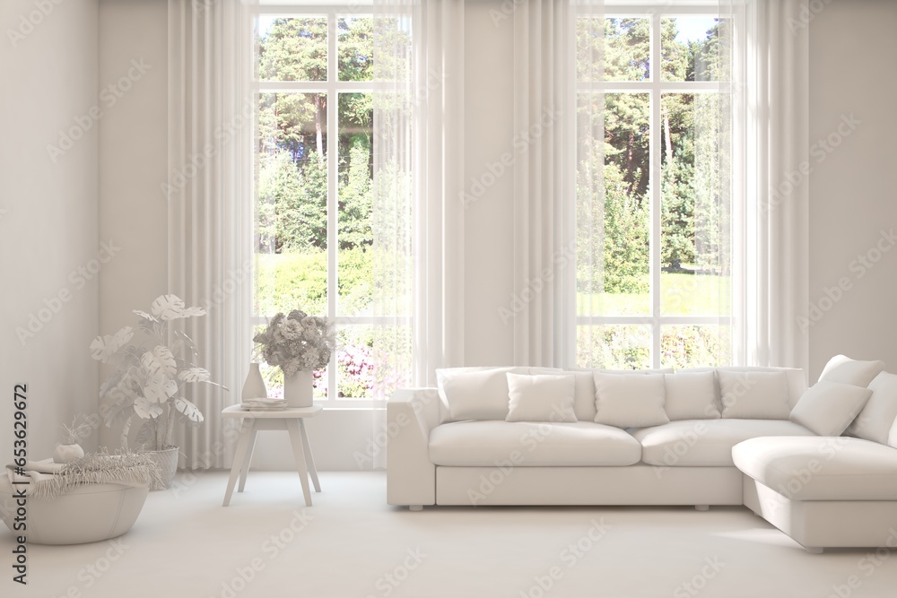 Grey living room concept with sofa and summer landscape in window. Scandinavian interior design. 3D illustration Grey living room concept with sofa and summer landscape in window. Scandinavian interior design. 3D illustration