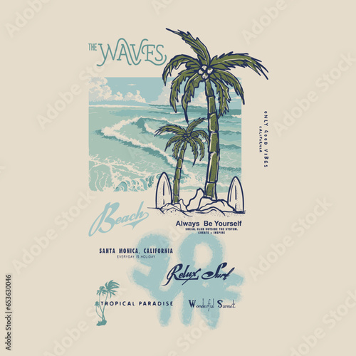 big waves, use this design for T- shirt , sweat shirt, tops, poster, Vintage Beach Waves Graphic T-shirt design in vector format, this design included for Vintage typography waves text, modern palm 