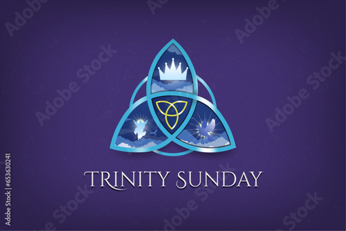 Trinity Sunday Banner. Religious trinity, crown, Jesus, holy spirit, dove. Blue metallic trinity symbol. Observed on the first Sunday after Pentecost. Vector Illustration. 