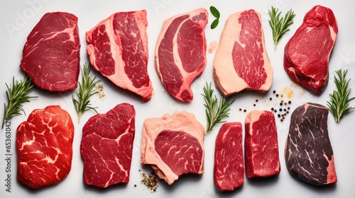 Variety of Raw Black Angus Prime meat steaks, Striploin, Rib eye, Tenderloin fillet mignon on white background.