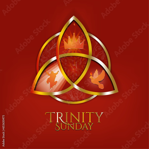 Gold Trinity Sunday symbol poster. Observed on the first Sunday after Pentecost. Religious trinity, crown, Jesus, holy spirit, dove. Golden trinity knot with golden ring. Vector Illustration.  photo
