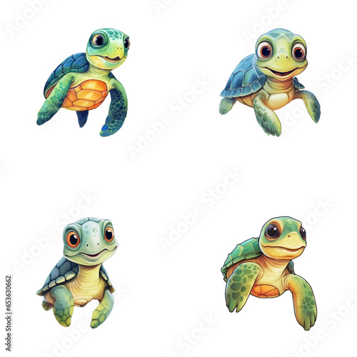set of cute turtle watercolor illustrations for printing on baby clothes, sticker, postcards, baby showers, games and books, safari jungle animals vector