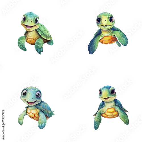 set of cute turtle watercolor illustrations for printing on baby clothes, sticker, postcards, baby showers, games and books, safari jungle animals vector