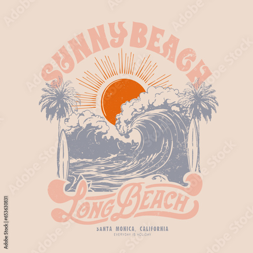 Vintage Beach Waves Graphic T-shirt design in vector format, this design incited for Vintage typography waves text, modern palm tree, surf board, sun and big waves, use this design for T- shirt ,