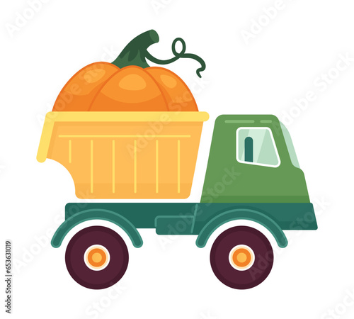 Truck pumpkin harvest 2D cartoon object. Vegetable farmland vehicle isolated vector item white background. Thanksgiving autumn season. Ripe pumpkin delivery transportation color flat spot illustration