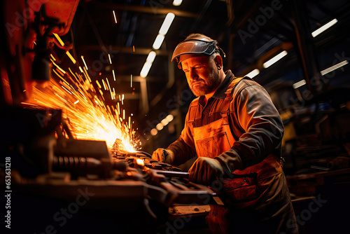 Foundry worker at his workplace in a metallurgical company photo